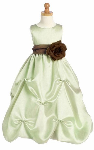 Floral Floral Ruched Organza Flower Girl Dress With Sash
