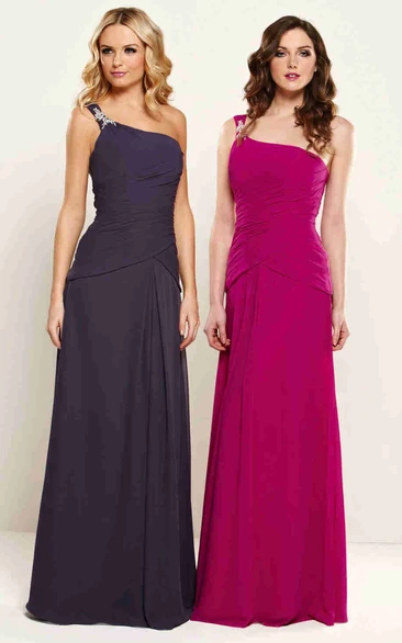 One-Shoulder Maxi Ruched Sleeveless Chiffon Bridesmaid Dress With Epaulet