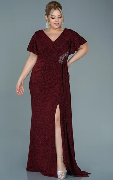 Poet-sleeve V-neck Sequin Ruched Slit Front Plus Size Evening Dress