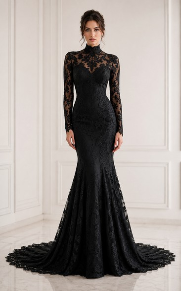 High Neck Long Sleeve Black Lace Mermaid Wedding Gown