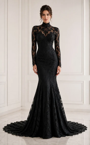 High Neck Long Sleeve Black Lace Mermaid Wedding Gown