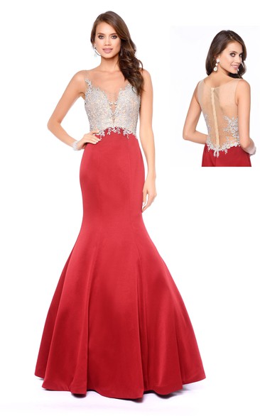 Mermaid Maxi V-Neck Sleeveless Satin Illusion Dress With Appliques