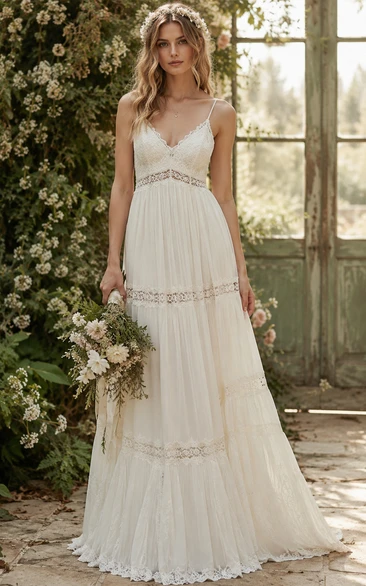 Spaghetti Strap Tiered Tulle Boho Vintage Wedding Dress