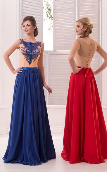 A-Line Floor-Length Sweep Jewel Sleeveless Chiffon Beading Pleats Button Dress