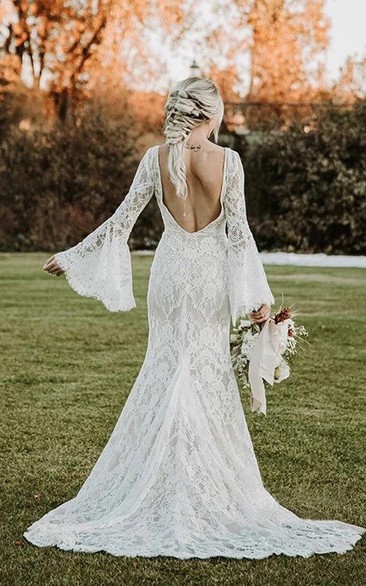 Boho Bell Long Sleeve Lace Wedding Dress | Western Mermaid Bridal Gown