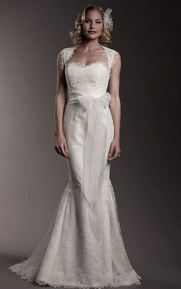 Trumpet Appliqued Queen-Anne Long Lace Wedding Dress With Bow