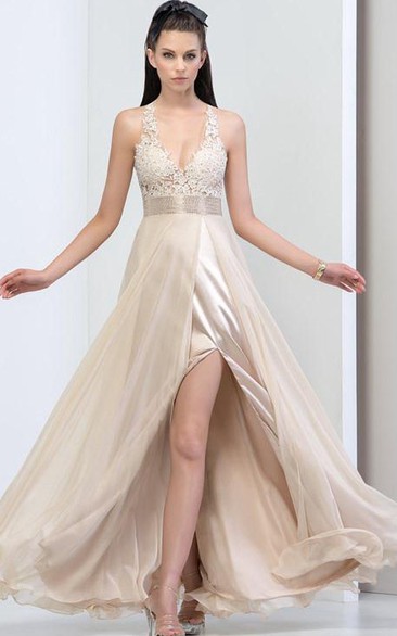 V-Neck Beaded Ribbon Side-Split Prom Dress