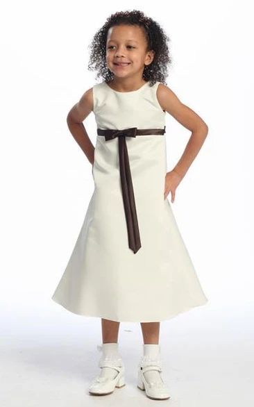 Ankle-Length Bowed Sleeveless Satin Flower Girl Dress