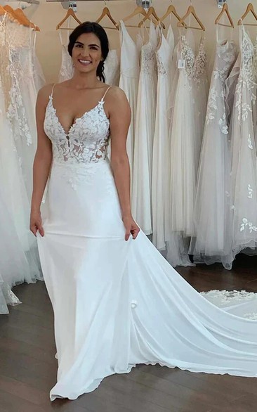 Spaghetti Sexy Plus Size Casual Chiffon Wedding Dress