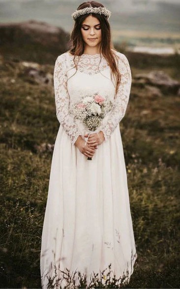 Bateau-neck Lace Long Sleeve Sheath Chiffon Low Back Wedding Dress
