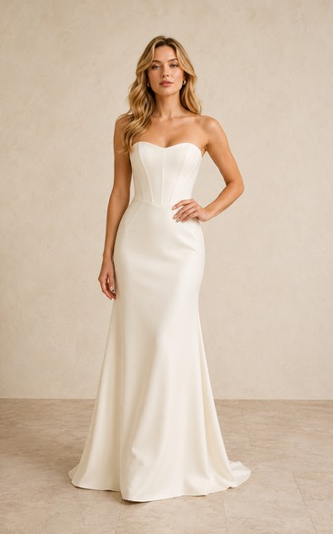 Simple Ivory Strapless Satin Mermaid Wedding Dress with Corset Bodice and Sweep Train