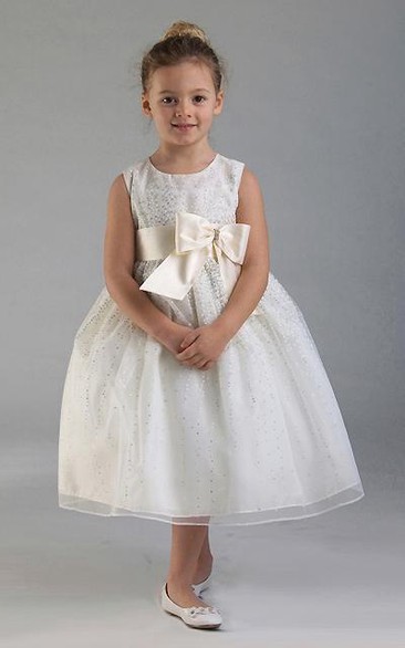 Tea-Length Tiered Bowed Tulle&Satin Flower Girl Dress With Split Front