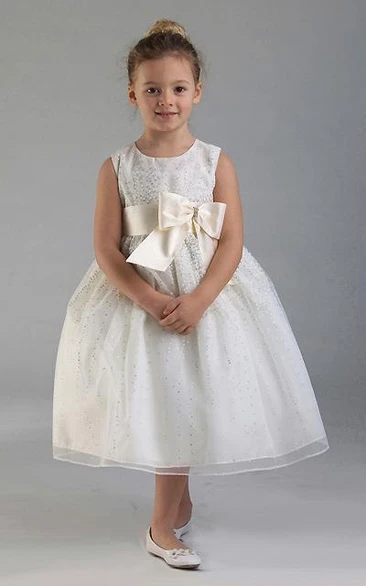 Tea-Length Tiered Bowed Tulle&Satin Flower Girl Dress With Split Front