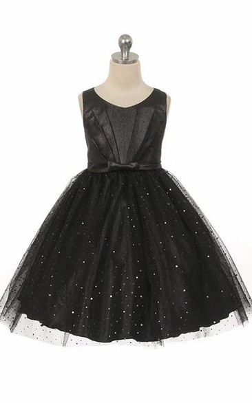 V-Neck Tea-Length Pleated Tulle&Sequins Flower Girl Dress With Tiers
