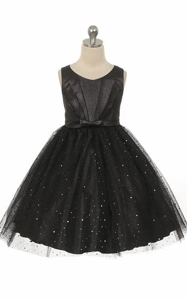V-Neck Tea-Length Pleated Tulle&Sequins Flower Girl Dress With Tiers