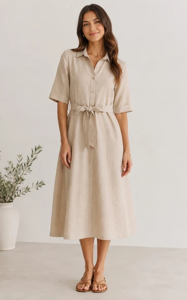 Taupe Collared Short Sleeve Shirt Tea-Length Dress