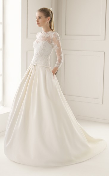 Illusion-Neck Back Sation Bridal Gown With Lacy Bodice