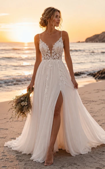Boho Beach Wedding Dress with Spaghetti Straps, Floral Lace Bodice, High Slit & Flowing Chiffon Train