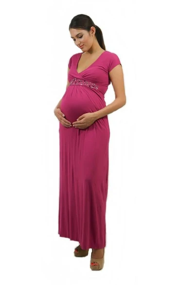 Short Sleeve V-neck Beaded Waistband Long Satin Dress