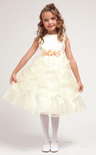 Tea-Length Floral Ruched Floral Organza&Satin Flower Girl Dress With Sash