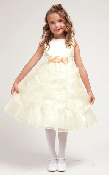 Tea-Length Floral Ruched Floral Organza&Satin Flower Girl Dress With Sash