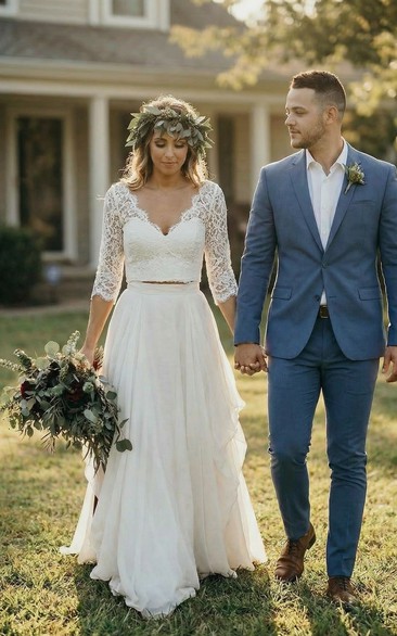 Two-Piece Lace Wedding Gown with 3/4 Sleeves