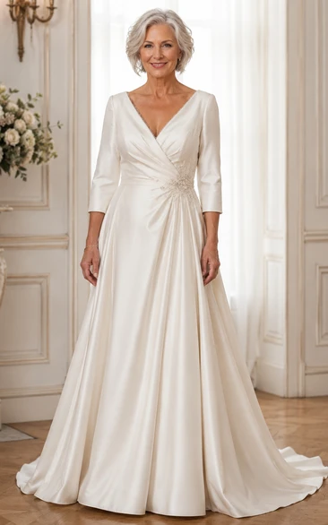 Long Sleeve Sleeve Satin Wrap A-Line Older Brides Wedding Dress