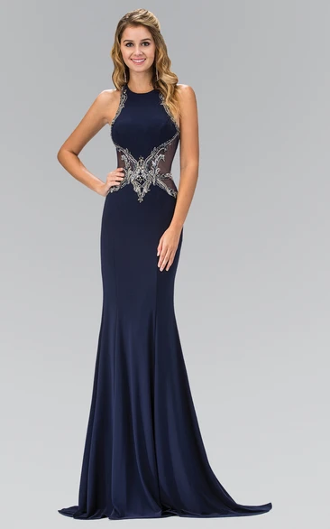 Sheath Jewel-Neck Sleeveless Jersey Illusion Dress With Beading