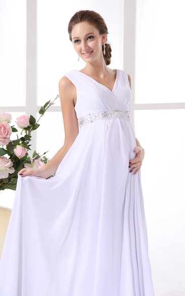 V Neck Empire Chiffon Maternity Dress With Belted Waist Dorris Wedding 0379