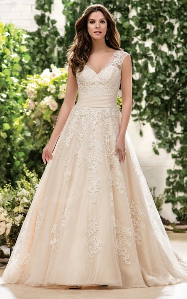 Cap-Sleeved V-Neck A-Line Wedding Dress With Appliques And Keyhole Back
