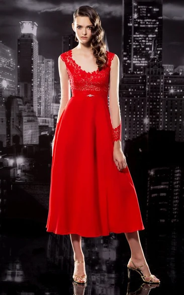 A-Line Tea-Length V-Neck Sleeveless Chiffon Illusion Dress With Appliques