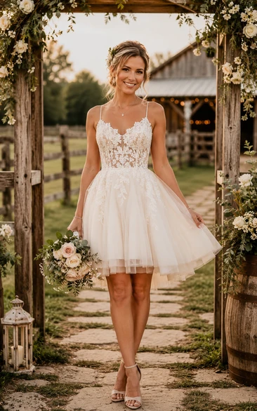 Short Spaghetti Strap Tulle Country Wedding Dress with Lace Bodice