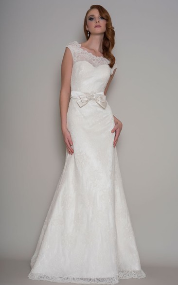 Sheath Long Bowed Scoop-Neck Lace Wedding Dress