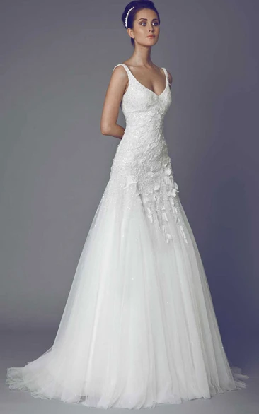 Long V-Neck Appliqued Tulle Wedding Dress With Sweep Train And V Back