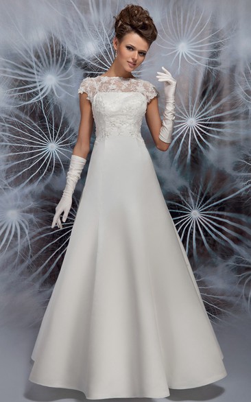 A-Line Cap-Sleeve Jewel-Neck Satin Wedding Dress With Illusion