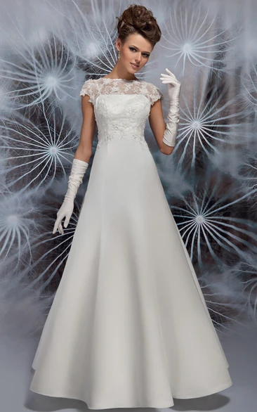 A-Line Cap-Sleeve Jewel-Neck Satin Wedding Dress With Illusion