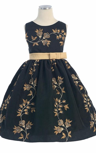 Tea-Length Embroideried Tiered Flower Girl Dress