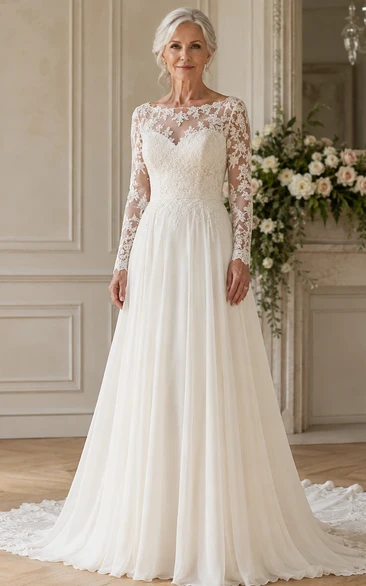 Modest Long Sleeve Lace A-Line Older Brides Wedding Dress with Illusion Back