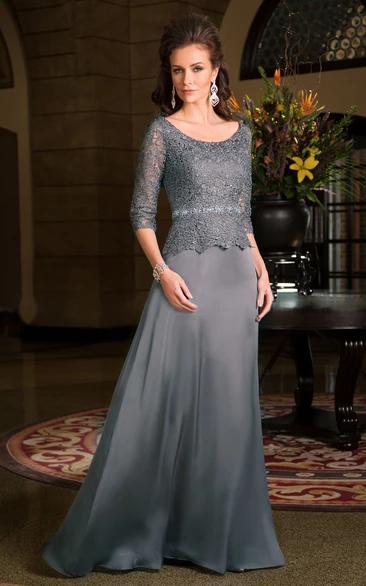 3-4 Sleeved Scoop-Neck Long Mother Of The Bride Dress With Lace Bodice
