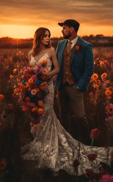 Spaghetti Lace Sheath Illusion Tulle Applique Elegant Court Train Boho Wedding Dress