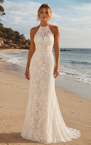 Halter Lace Sheath Wedding Dress with High Neck Illusion Back and Sweep Train
