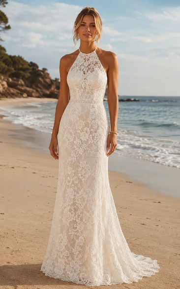 Halter Lace Sheath Wedding Dress with High Neck Illusion Back and Sweep Train