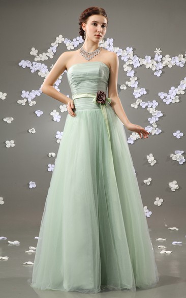 Chiffon Strapless A-Line Dress With Satin Sash and Flower