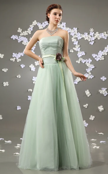 Chiffon Strapless A-Line Dress With Satin Sash and Flower
