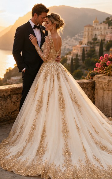 Glamouröses Brautkleid mit Spitzenapplikationen, Perlenstickerei, langen Ärmeln und langer Schleppe