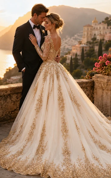 Glamouröses Brautkleid mit Spitzenapplikationen, Perlenstickerei, langen Ärmeln und langer Schleppe