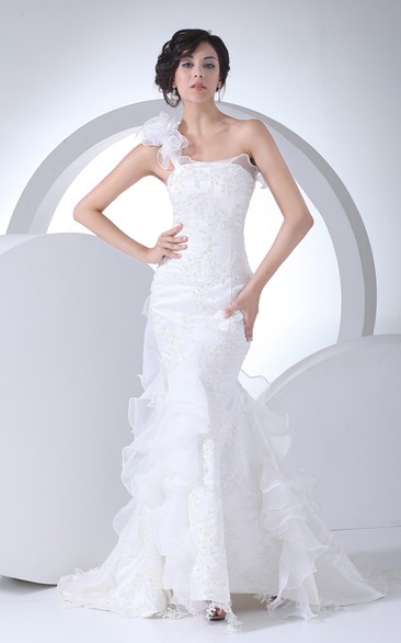 One-Shoulder Siren Style Maxi Ruffled Dress With Beaded Bodice