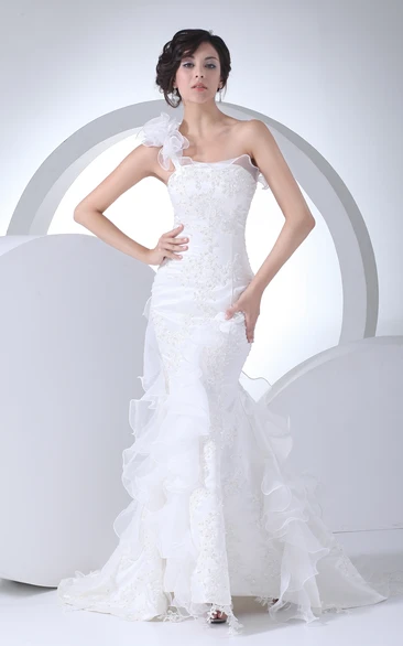 One-Shoulder Siren Style Maxi Ruffled Dress With Beaded Bodice