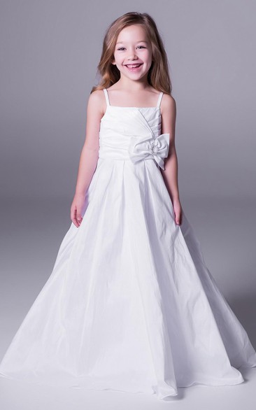 A-Line Sleeveless Floor-Length Spaghetti Bowed Taffeta Flower Girl Dress With Ruching