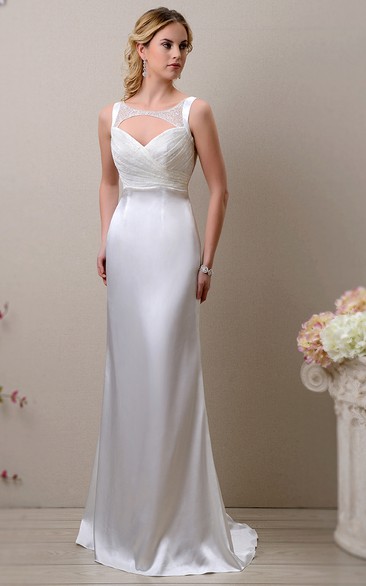 Keyhole Back Satin Sleeveless Sheath Wedding Dress Featuring Shimmering Bodice